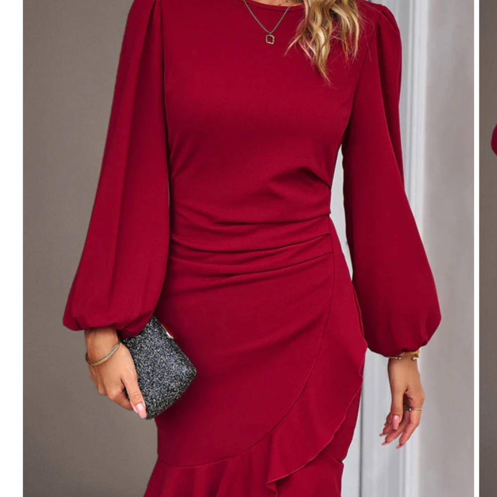 Puff Sleeve Round Neck Ruffle Hem Bodycon Dress